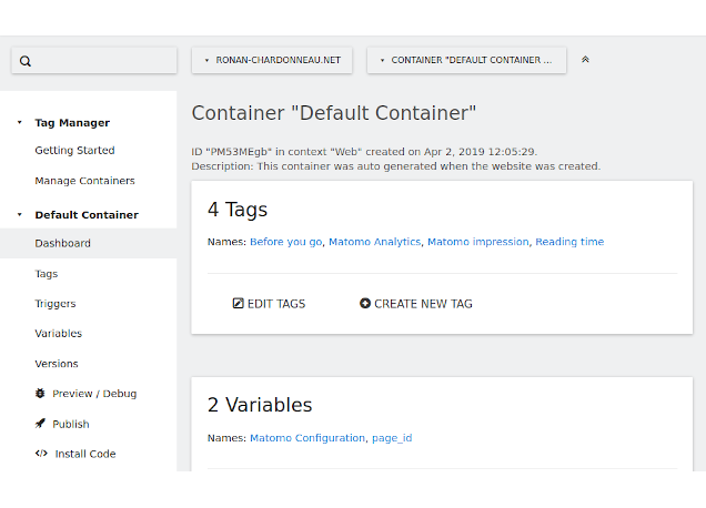 Skärmbild av Matomo Tag Manager